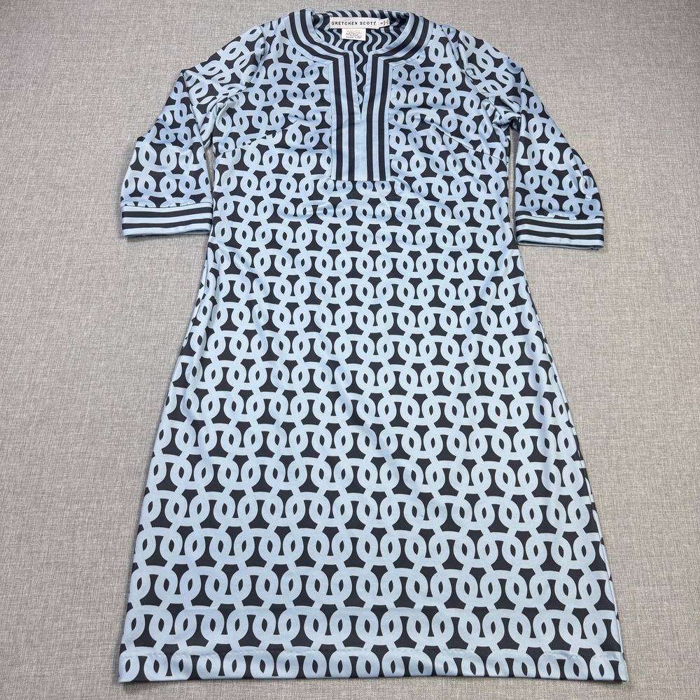 Gretchen Scott Dress Womens Small Blue Shift Knee Length Round Neck 3/4 Sleeve